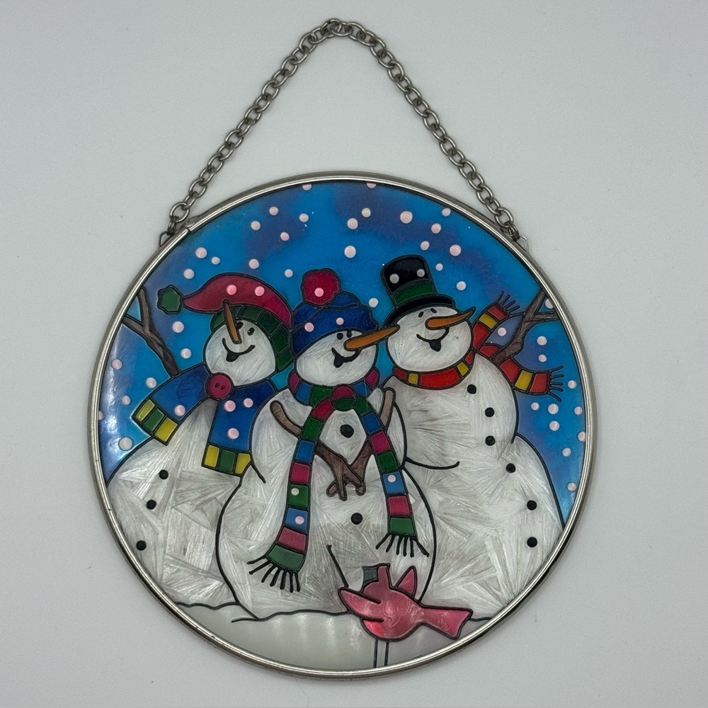 Joan Baker Designs 2001 Hand-Painted Glass Suncatcher – 3 Snowmen” Original Box